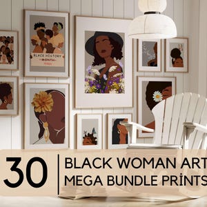 Set di 30 stampe digitali di arte di donne nere, arte murale di ragazze nere, arte boho, capelli afro, arte afroamericana, metà secolo