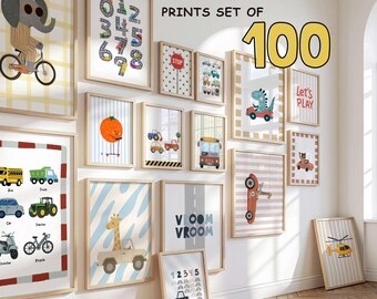 Playroom Transport Prints Set, Vehicles Nursery Art, Kids Room Decor (100 Prints)