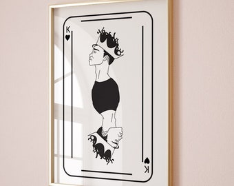 King of hearts playing card funky wall art, wall art trendy apartment decor retro print,line art print, printable wall art, minimalist print