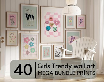 May include: A collection of 40 trendy wall art prints for girls. The prints feature a variety of designs, including smiley faces, flowers, and animals. The prints are displayed on a white wall with a white rocking chair in the foreground.
