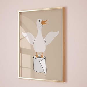 Impresión artística de baño de ganso tonto, papel higiénico, arte infantil para el baño, decoración de pared para el baño, decoración de guardería bohemia, impresión artística de animales divertidos, arte para el baño