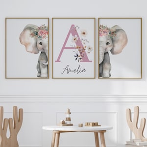 Elephant Nursery Prints, Personalized Elephant Nursery Prints, Custom Baby Girl Name Printable Wall Art, safari wall prints,nursery wall art