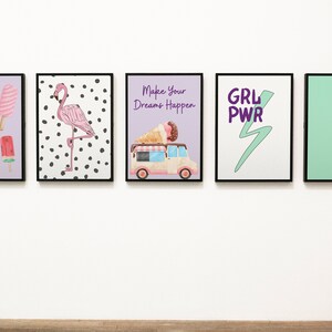 May include: Five framed prints with a summer theme. The prints feature a pink flamingo on a black and white polka dot background, a purple ice cream truck with a scoop of ice cream on top, a green and purple ice cream cone, a purple and green lightning bolt with the text "GRL PWR", and a purple background with various colorful popsicles.