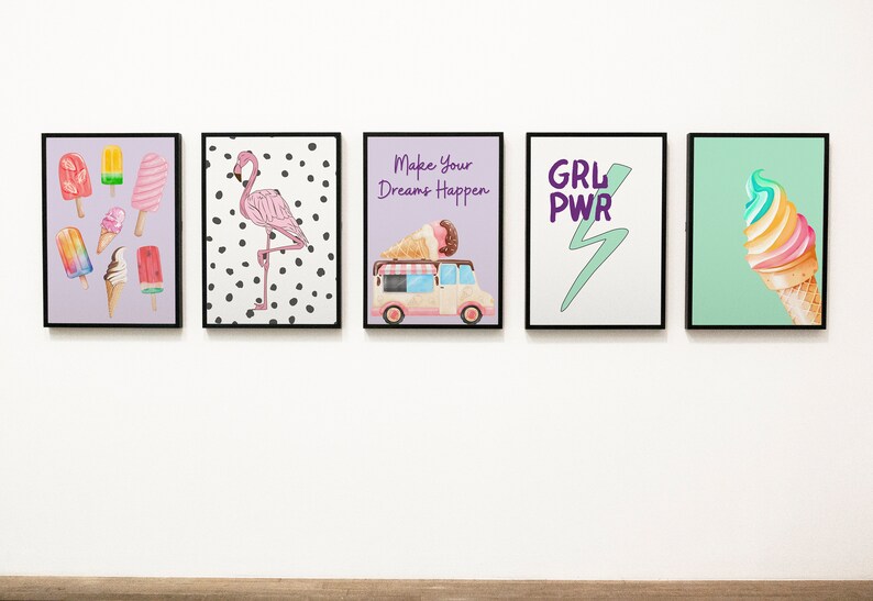 May include: Five framed prints with a summer theme. The prints feature a pink flamingo on a black and white polka dot background, a purple ice cream truck with a scoop of ice cream on top, a green and purple ice cream cone, a purple and green lightning bolt with the text "GRL PWR", and a purple background with various colorful popsicles.