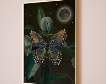 Butterfly and moon, botanical illustrations, Mystical celestial, cottagecore flowers floral, whimsigoth art, ethereal moonlight, dark art
