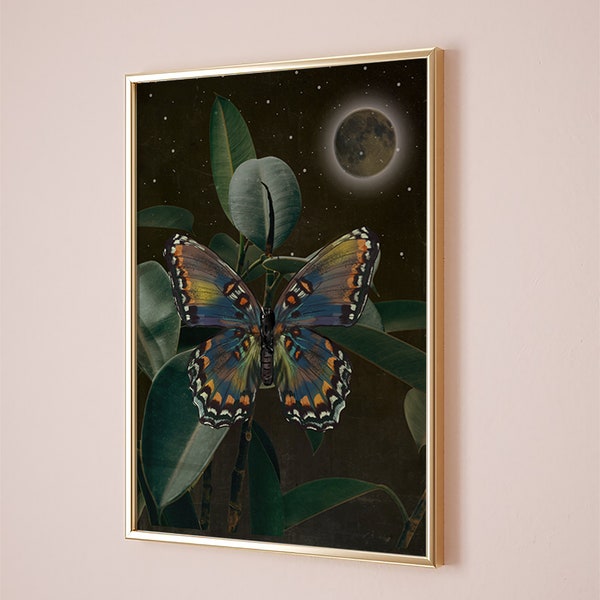 Butterfly and moon, botanical illustrations, Mystical celestial, cottagecore flowers floral, whimsigoth art, ethereal moonlight, dark art