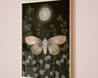Botanical Moth, Moth & Moon, Dark Cottagecore Wall Art, botanical illustrations, magic art print, Cottagecore Nature print, moody moth print