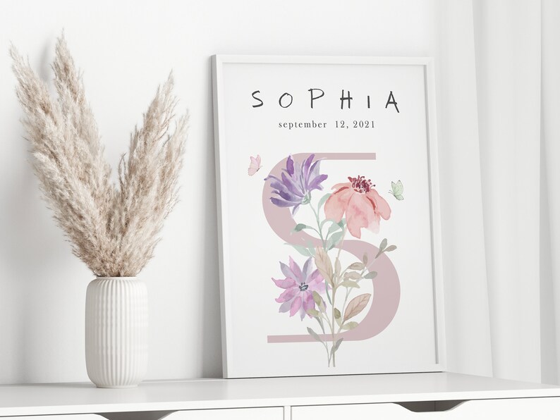 Name und Initiale mit Blumen Poster, Anfangsbuchstabe Poster, Boho