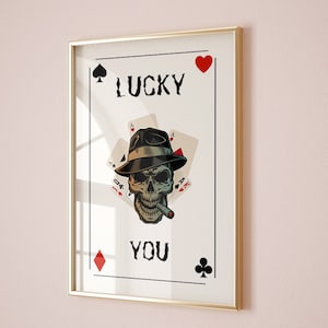 Pokerkaart schedel muurkunst print, schedel speelkaarten kunst aan de muur, trendy kunst aan de muur prints, luxe speelkaarten print, retro trendy Lucky You-poster