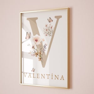 Póster con nombre e inicial personalizados y flores, póster con la primera letra, decoración de guardería bohemia para niñas, regalo para baby shower, letrero con nombre personalizado para guardería