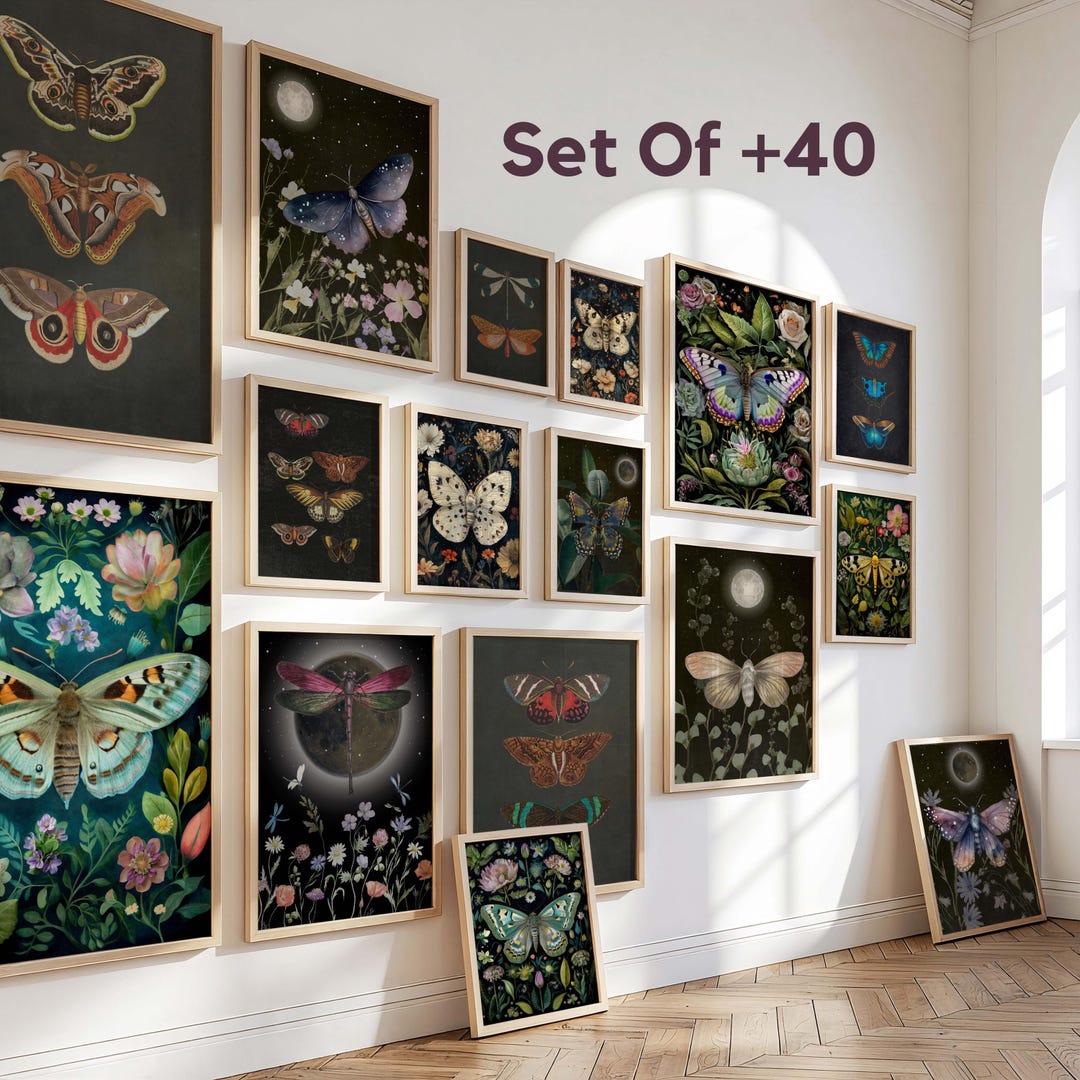 Butterfly Wall Art Set of 40 Prints, Dark Botanical Gallery Wall ...