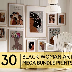 Set di 30 stampe digitali di donne nere, stampe murali di ragazze nere, arte boho, capelli afro, arte afroamericana, metà secolo