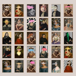 Peut inclure: Une collection de 36 impressions d'art numérique représentant des portraits vintage de femmes avec des coups de peinture abstraits recouvrant leurs visages. Les impressions sont disposées en grille avec une variété de couleurs et de motifs.