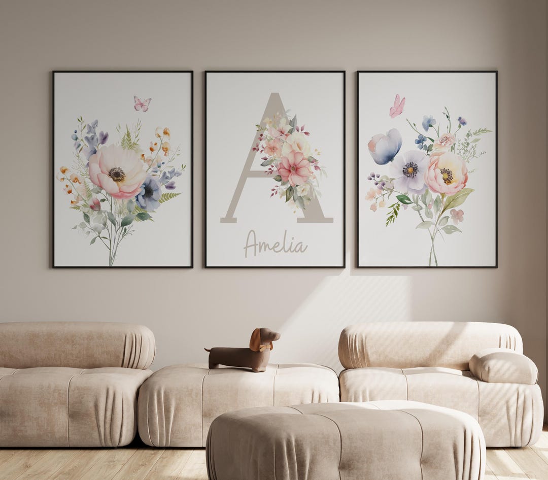 Floral Personalised Nursery Wall Art Set of 3, Boho Wildflower Nursery ...