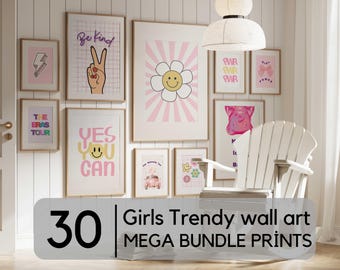 May include: A collection of framed wall art prints with a trendy, girly theme. The prints feature various designs, including a daisy with a smiling face, a hand making a peace sign, and the text "Yes You Can". The image also includes the text "30 Girls Trendy wall art MEGA BUNDLE PRINTS".
