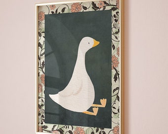 Silly Goose Wall Art, Cute Goose Poster, Dark Green Boy Nursery Decor, Farm Animal Printable, Kid's Room Illustration, Goose Children's Room
