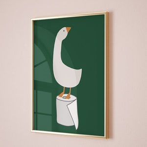 Decorazione da parete per il bagno, stampa artistica da bagno con un'oca sciocca, carta igienica, arte da bagno per bambini, decorazione per cameretta verde scuro, arte da toilette, stampa artistica divertente