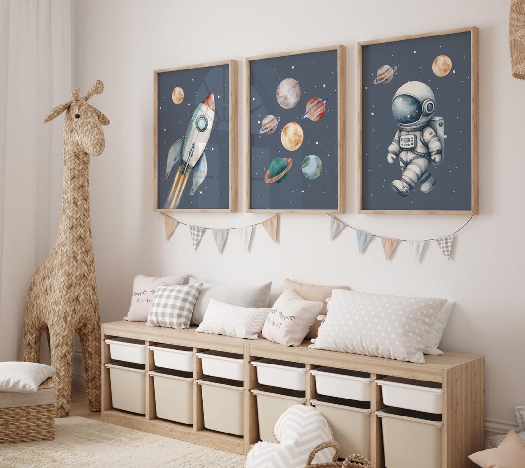 Space Nursery Wall Art Set of 3 | Astronaut Rocket Kids Room Decor ...