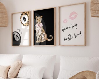 Black Trendy Set Of 3 Prints, Cheetah Wall Art, 8 Pool Ball Print, Neutral Wall Art, Lucky You Poster, Aesthetic Room Decor, Leopard Print