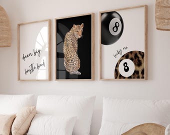 3er Set Trendige Drucke Schwarz Leopard Gepard Pink 8 Ball Glück Trendige Wand Kunst Galerie Preppy Chic Luxus Wohnkultur Digital Download