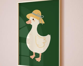 Silly Goose Wall Art, Cute Goose Poster, Dark Green Boy Nursery Decor, Farm Animal Printable, Kid's Room Illustration, Goose Children's Room