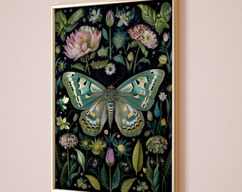 Woodland flower moth, Dark Cottagecore Wall Art, Moody Floral Printable, Goblincore Decor, Fairycore Print, Dark Academia Oil Painting