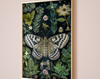 Botanical Moth | Dark Cottagecore Wall Art, Moody Floral Printable, Goblincore Decor, Fairycore Print, Dark Academia Oil Painting Aesthetic.