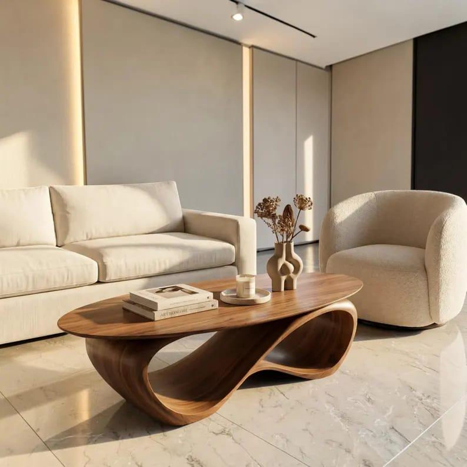 Luxury solid walnut Japandi coffee table twisted hollow wave base