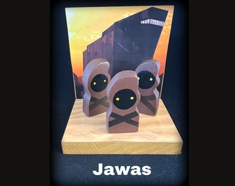 Jawas, poupée cheville, personnages cheville, poupées en bois, jouets en bois, cadeaux uniques, guerres des étoiles, cadeaux faits main, figurines, cadeaux sympas, cadeaux étranges, science-fiction