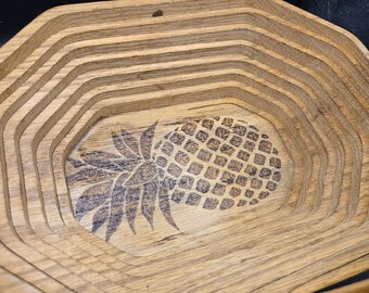 Vintage T.J. Copeland Signed Wooden Basket: Collapsible Pineapple Fruit Bowl