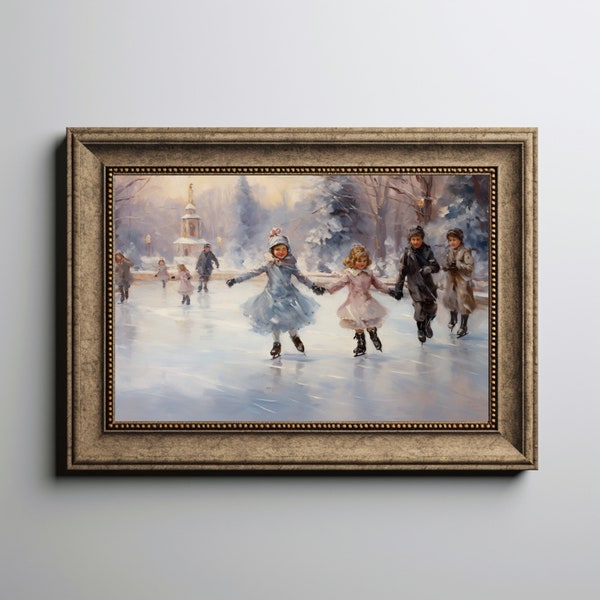 Skating kids print Kids in the snow printable Victorian Christmas Winter wonderland print Cosy Christmas print antique yule kids