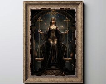 The justice tarot print Tarot card symbol wall art Ancient dark tarot print Symbolic tarot card artwork Moody tarot card art dark academia