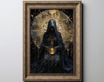 The high priestess tarot print Tarot card symbol wall art Ancient dark tarot print Symbolic tarot card artwork Moody tarot card wall art