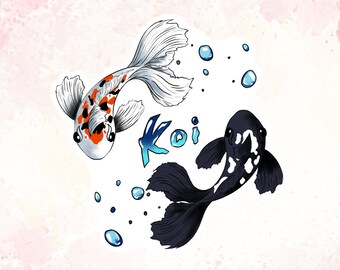 Puede incluir: Dos peces koi, uno blanco y negro y otro naranja, blanco y negro, nadando en direcciones opuestas. La palabra "Koi" está escrita en azul con gotas de agua alrededor.