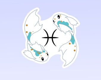 May include: White sticker with two stylized fish facing each other, with gold and blue accents. The symbol for Pisces is in the center.
