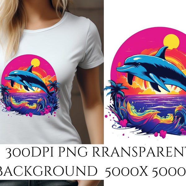 Dolphin at sunset NEON print png design for sublimation, dtf and t shirt designs 80s png, abstract png, 80s kid shirt