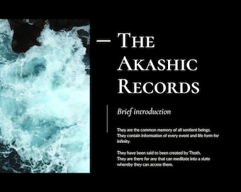 Może przedstawiać: Grafika cyfrowa z tekstem "The Akashic Records" w kolorze białym na czarnym tle. Obraz zawiera zdjęcie wzburzonej turkusowej wody. Tekst zawiera również krótkie wprowadzenie do Rekordów Akaszy.