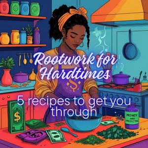 Könnte beinhalten: Illustration einer Frau in einer Küche mit dem Text "Rootwork for Hardtimes" und "5 Rezepte, die Ihnen helfen." Das Bild zeigt Gläser, Geld und eine Schüssel mit Zutaten, was auf ein Koch- oder Rezeptthema hindeutet.