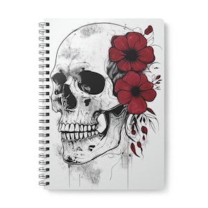 Skull A5 Notebook, Black and White Wirobound Softcover Journal, Goth Stationery, Bullet Journal Supplies, Sketchbook, Journaling Notebook