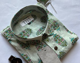 hand printed white&green cotton shirt, printed shirt for men