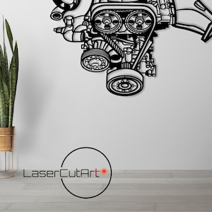 May include: Black and white line art illustration of a car engine with a turbocharger. The engine is depicted in a detailed and realistic style, showcasing the intricate components and mechanics. The image is suitable for use as a wall decor or a design element for automotive enthusiasts.