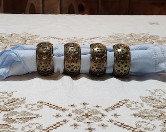 Set of 4 Vintage Brass Cutout Geometric Shapes & Floral Designs Napkin Rings MCM/ Retro Kitchenware Candleholders Curtain Tie Backs 70's