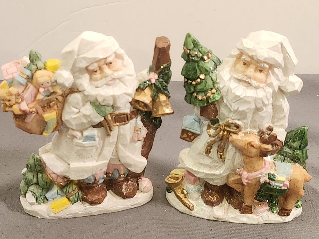 Set of 2 Winter White Santa Claus Resin Figurines Christmas Decor ...