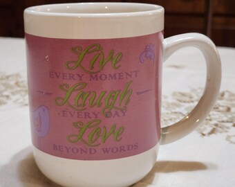 Vintage Royal Norfolk Ceramic "Live Every Moment, Laugh Every Day Love Beyond Words" Coffee Tea Mug Cup Greenbrier International RARE