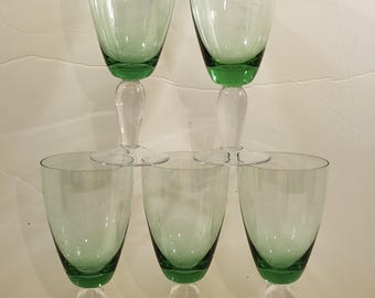 Set of 5 Vintage Hand-Blown Light Green Wine Glasses/ Goblets with Clear Teardrop Stems 14 oz Artland Style Barware Contemporary 1990's
