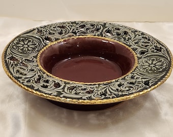 Vintage Handcrafted Moroccan Style Filigree Scrollwork Ceramic Pottery Pedestal Bowl Home Decor Decorative Bowl Floral Accents 1950's