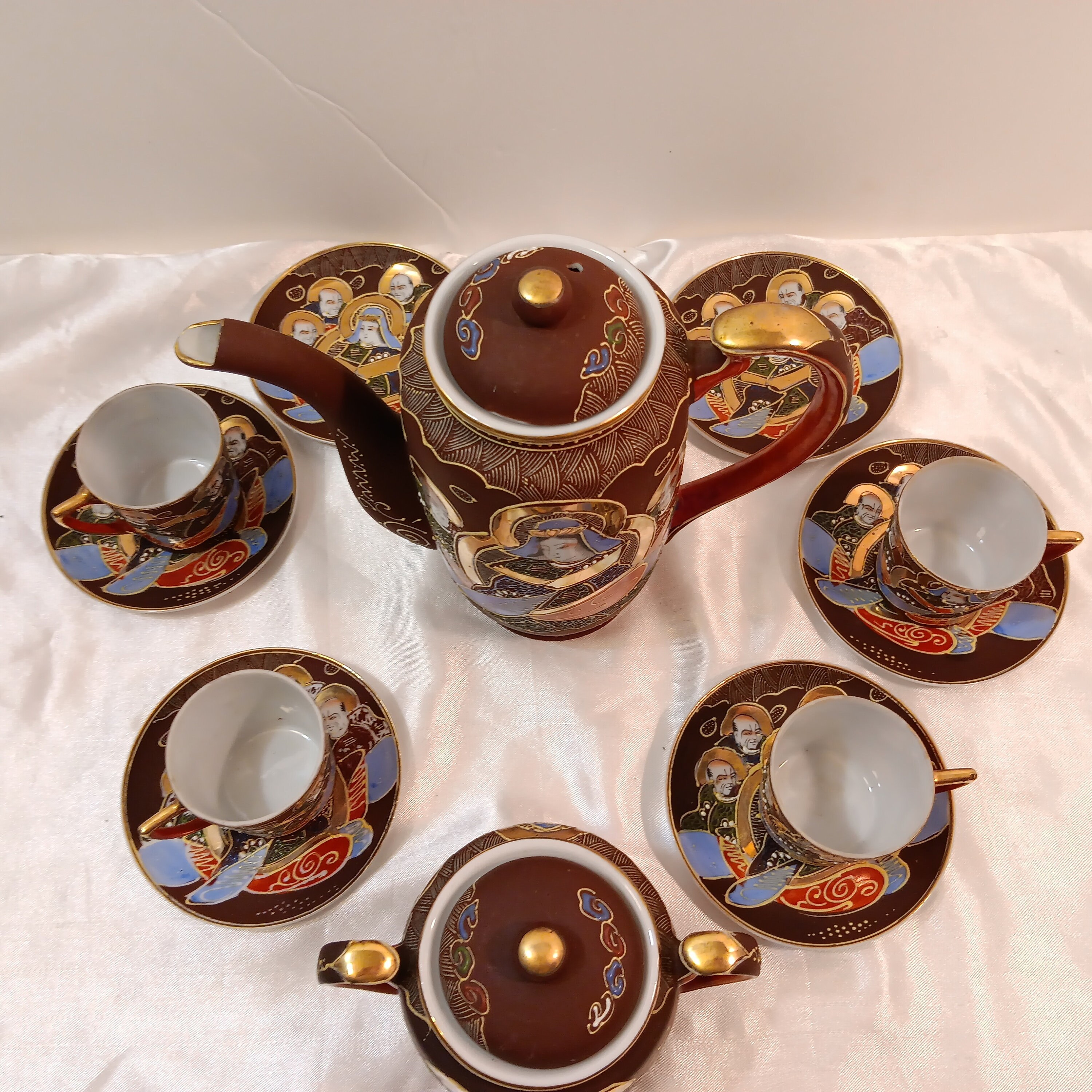 Vintage Japanese Satsuma Moriage Immortals Tea or Sake 14 Piece