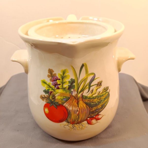 Vintage Ceramic Hand Painted Veggie Dripping Collector Crock Style Grease Jar