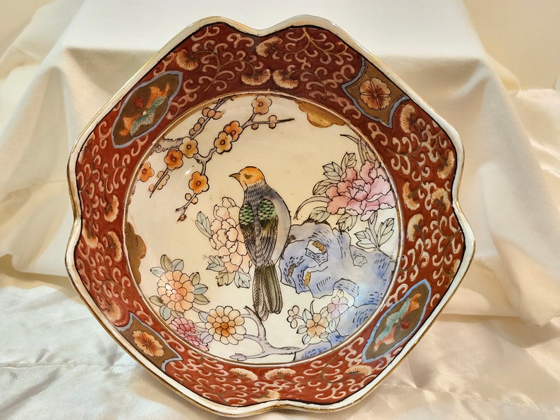 Image showcasing Vintage Macau Hand Painted Decorative Bird & Floral Motif Scalloped ...