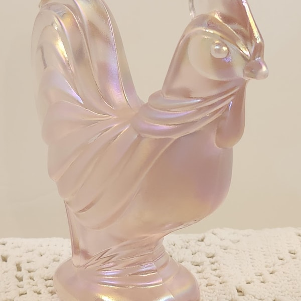 Vintage Fenton Pink Satin Iridescent Carnival Glass Rooster Figurine Art Glass Farmhouse Decor She Shed Pink Rooster Collectible 1980's